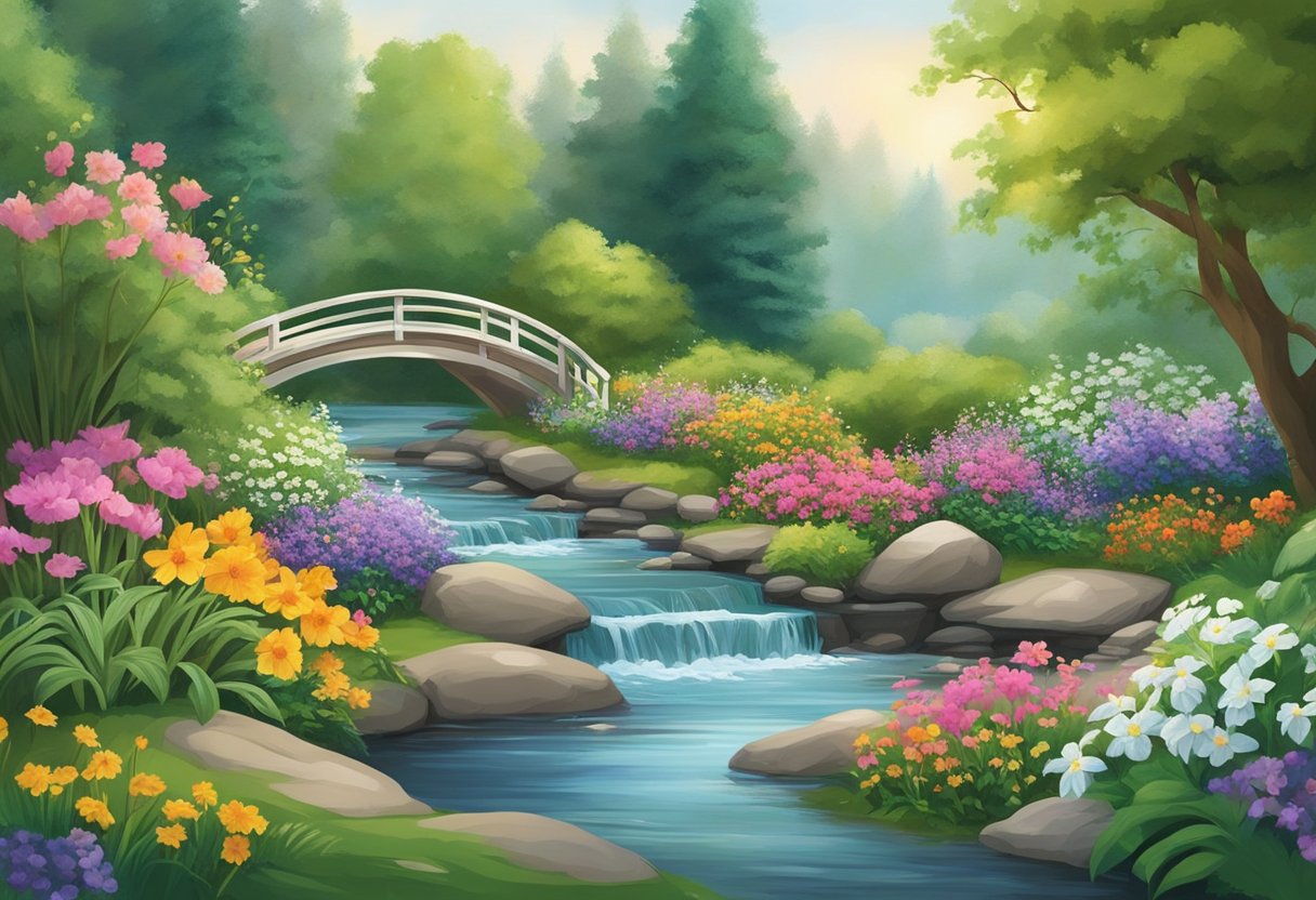 A serene garden with a flowing stream, lush greenery, and colorful flowers. A gentle breeze carries the scent of herbs and the sound of birds chirping fills the air. A sense of peace and harmony permeates the scene