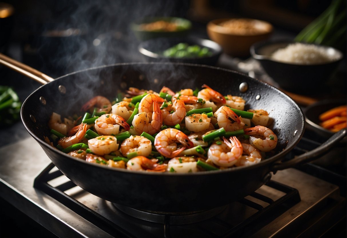 A wok sizzles with plump shrimp, stir-frying in garlic and ginger. Soy sauce and sesame oil add depth to the savory aroma. Green onions and sesame seeds await as a finishing touch