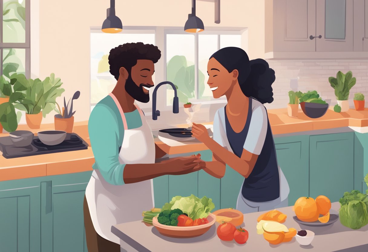A person exercising with a friend, cooking a healthy meal together, and engaging in a deep conversation