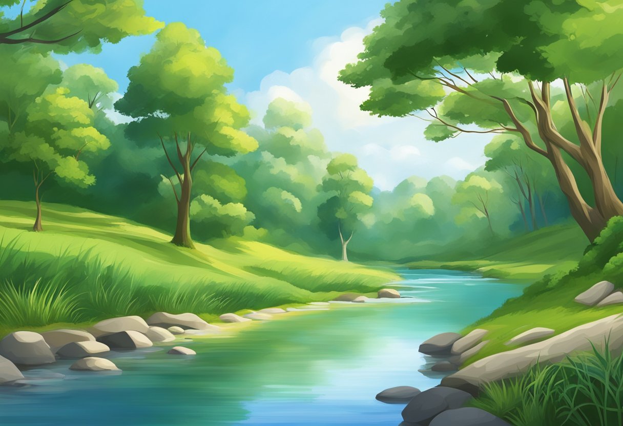 A serene landscape with a flowing river, lush greenery, and a clear blue sky, symbolizing harmony and balance in nature