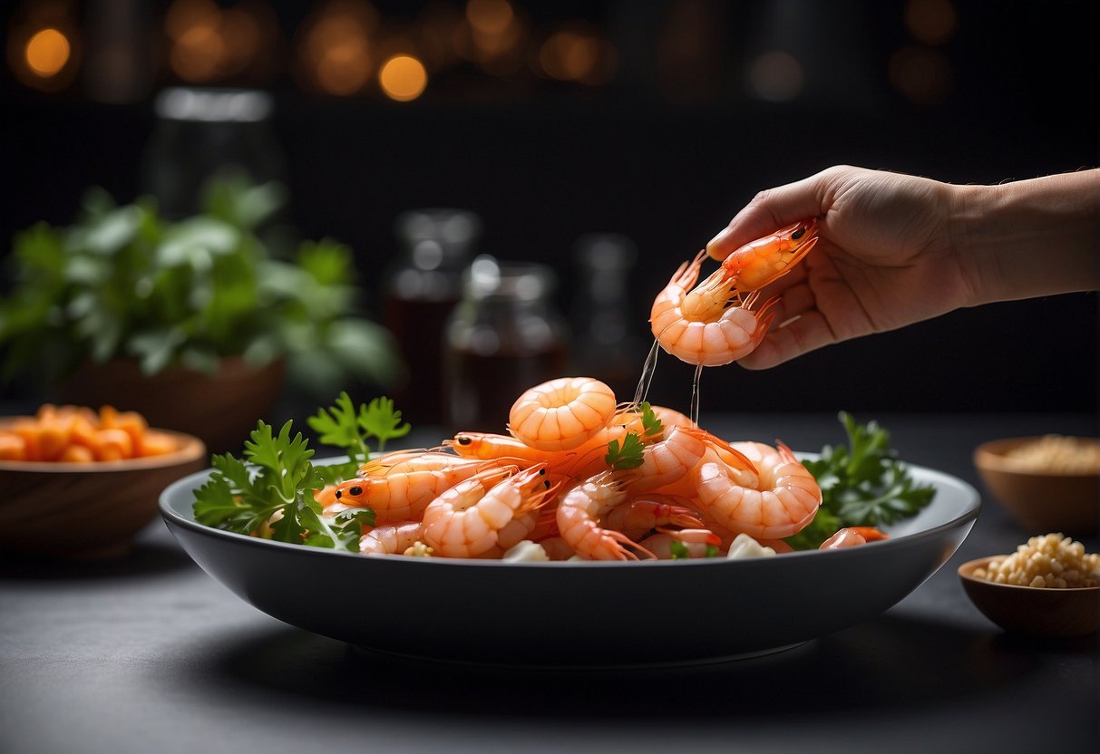 A hand reaches for a plump shrimp from a bowl, surrounded by ingredients like ginger, garlic, and soy sauce