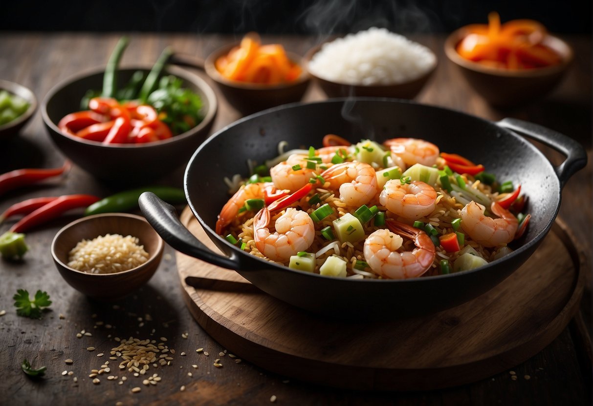 A wok sizzles with shrimp, garlic, and ginger. Bowls of soy sauce, rice wine, and sugar sit nearby. A plate holds sliced scallions and red pepper flakes