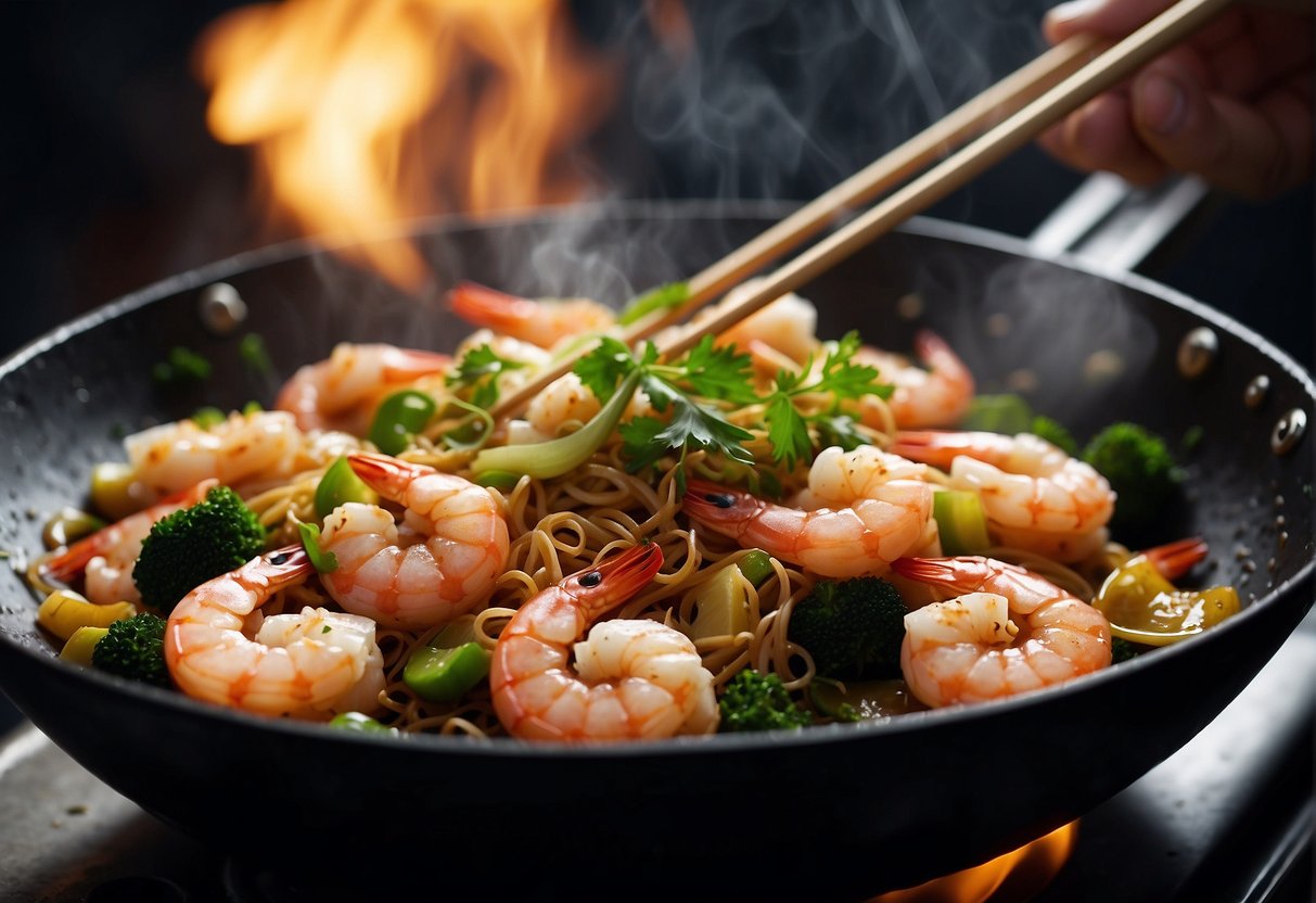 Shrimp being stir-fried in a wok with garlic, ginger, and soy sauce