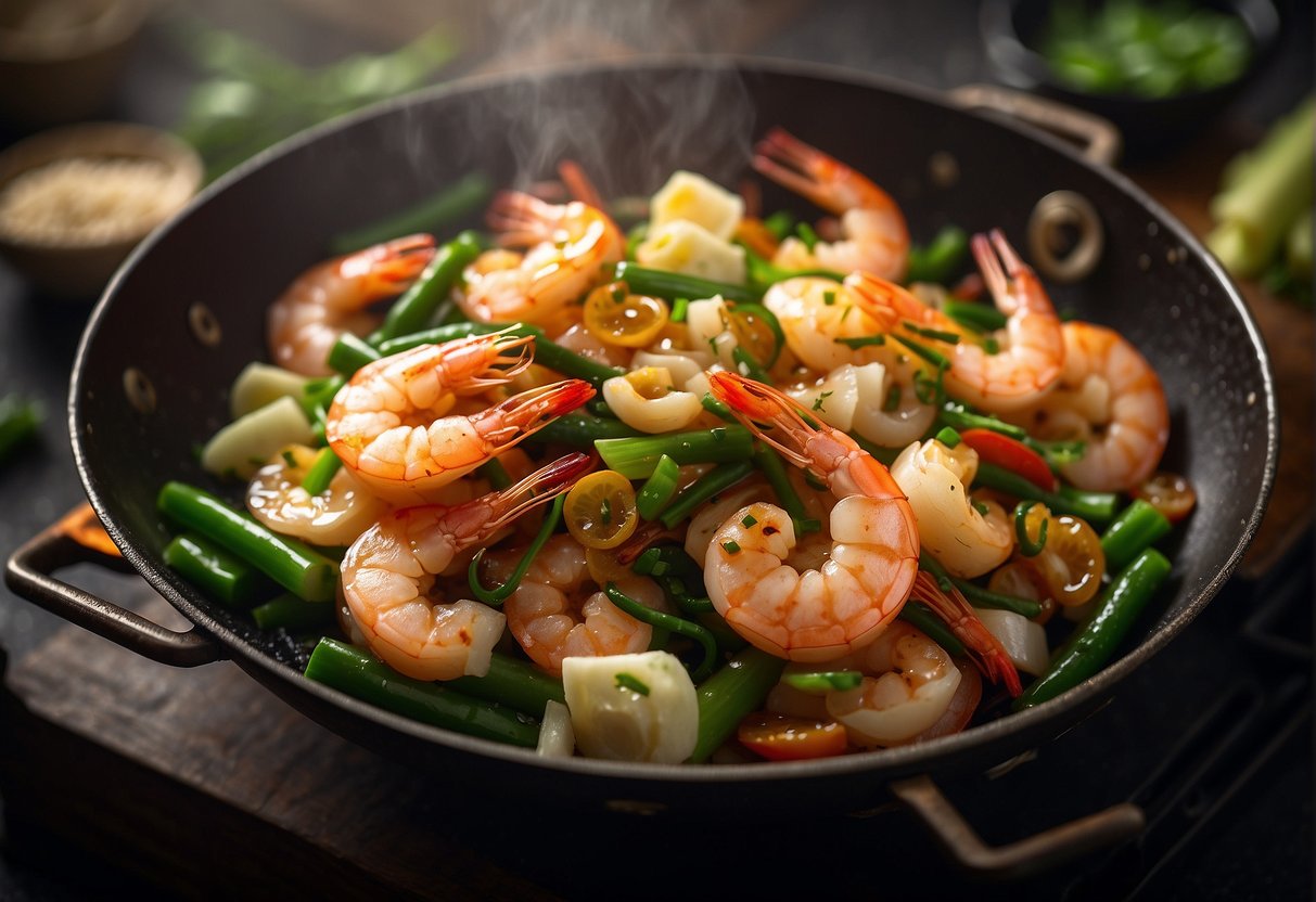 A wok sizzles as shrimp, ginger, and garlic are stir-fried. Soy sauce and sesame oil are added, creating a savory aroma. Green onions are sprinkled on top as a finishing touch