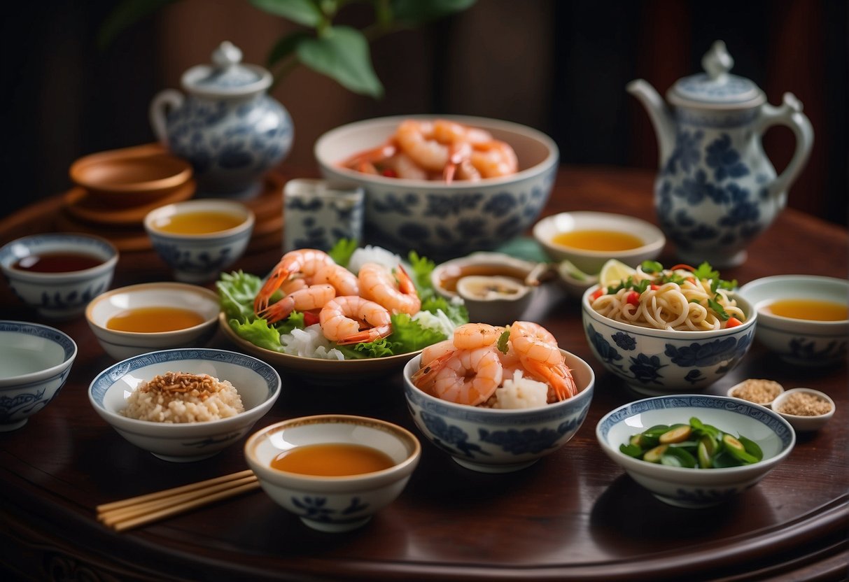 A table set with a variety of Chinese shrimp dishes and matching condiments, surrounded by chopsticks and decorative Chinese tea cups