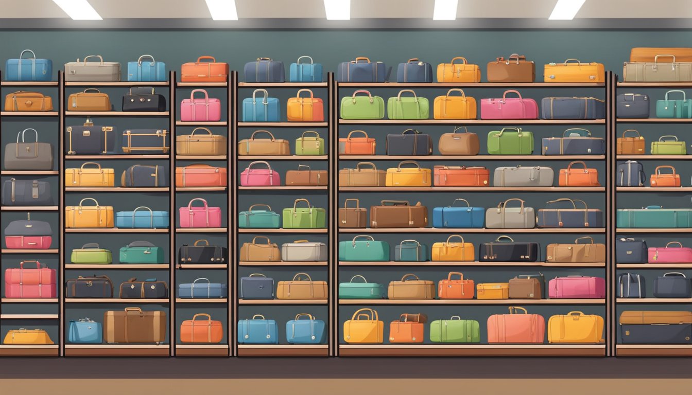 A display of luggage wheels in a Singaporean store, with various sizes and styles neatly organized on shelves for easy browsing