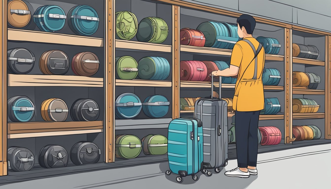 A customer examines various luggage wheels at a store in Singapore, comparing sizes and durability before making a purchase decision