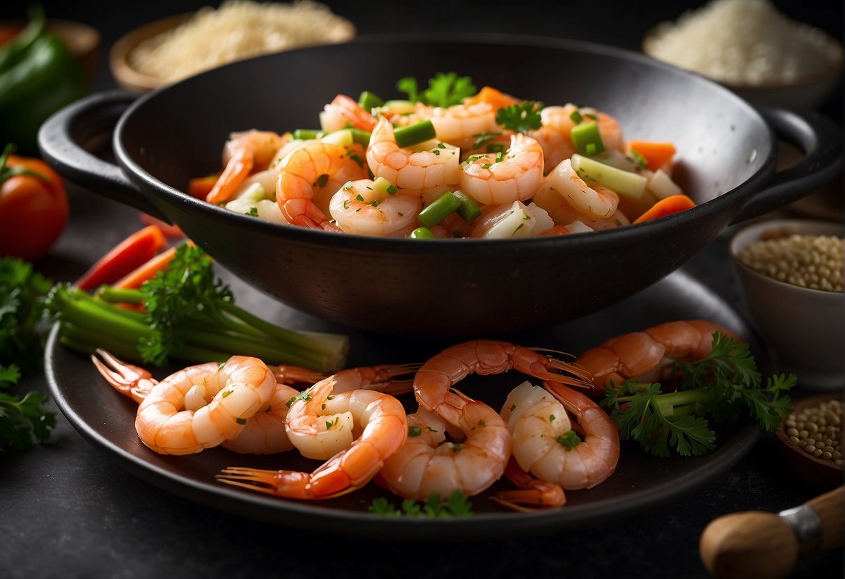 A table with various ingredients like shrimp, soy sauce, garlic, and vegetables. A wok and cooking utensils are nearby