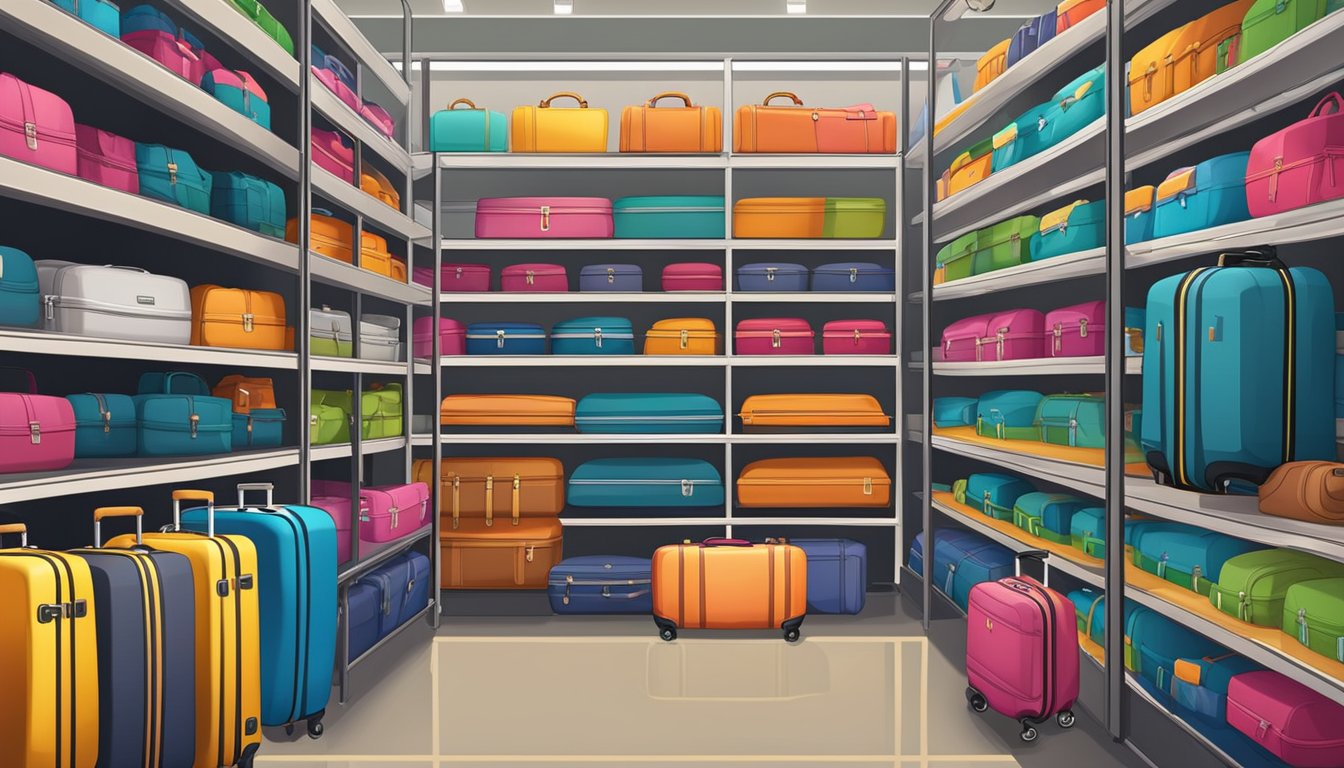 A luggage store in Singapore with shelves stocked with various types of luggage wheels