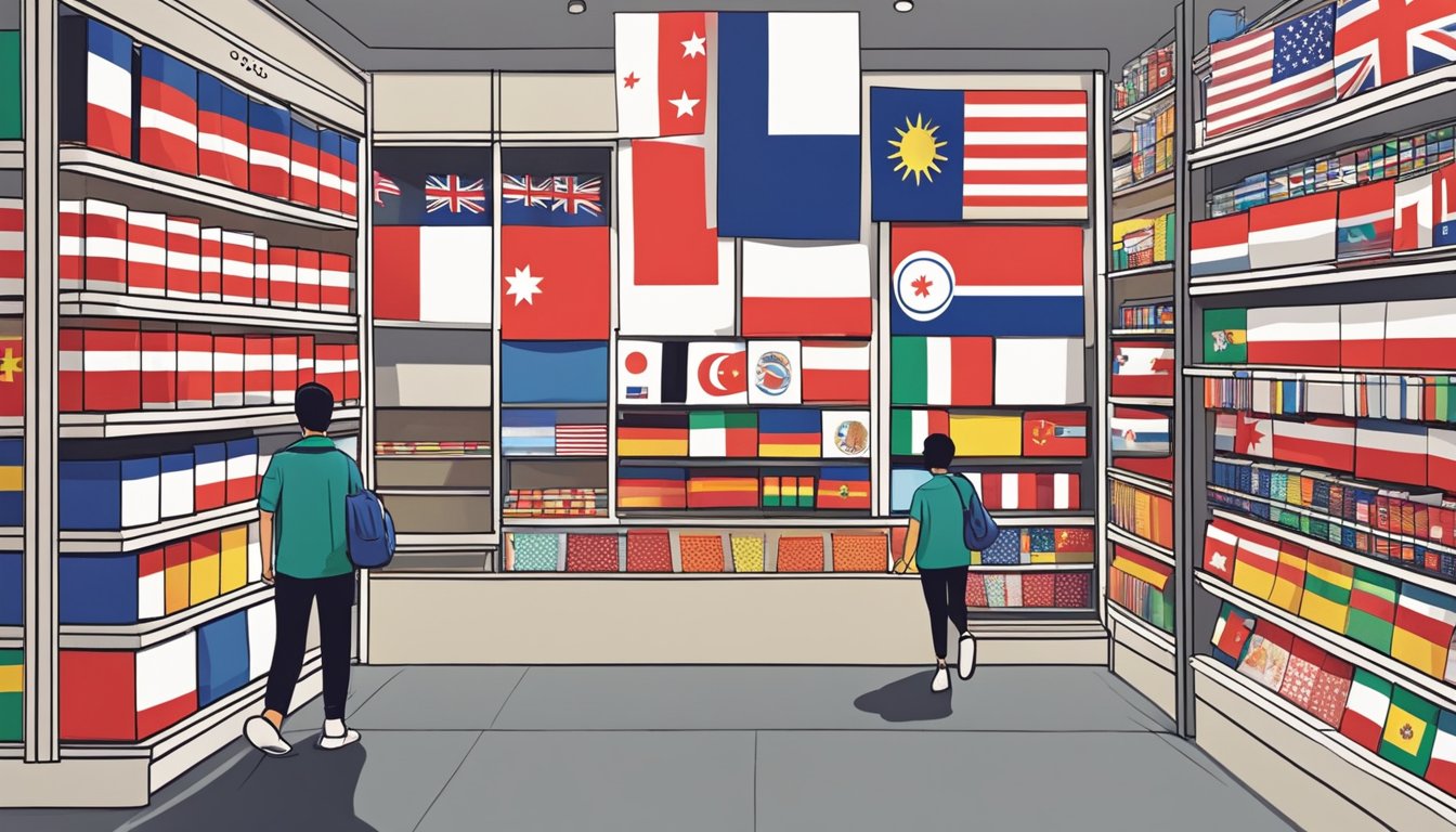 A person walks into a souvenir shop, browsing shelves of flags. The Singapore flag catches their eye, neatly displayed among other national flags