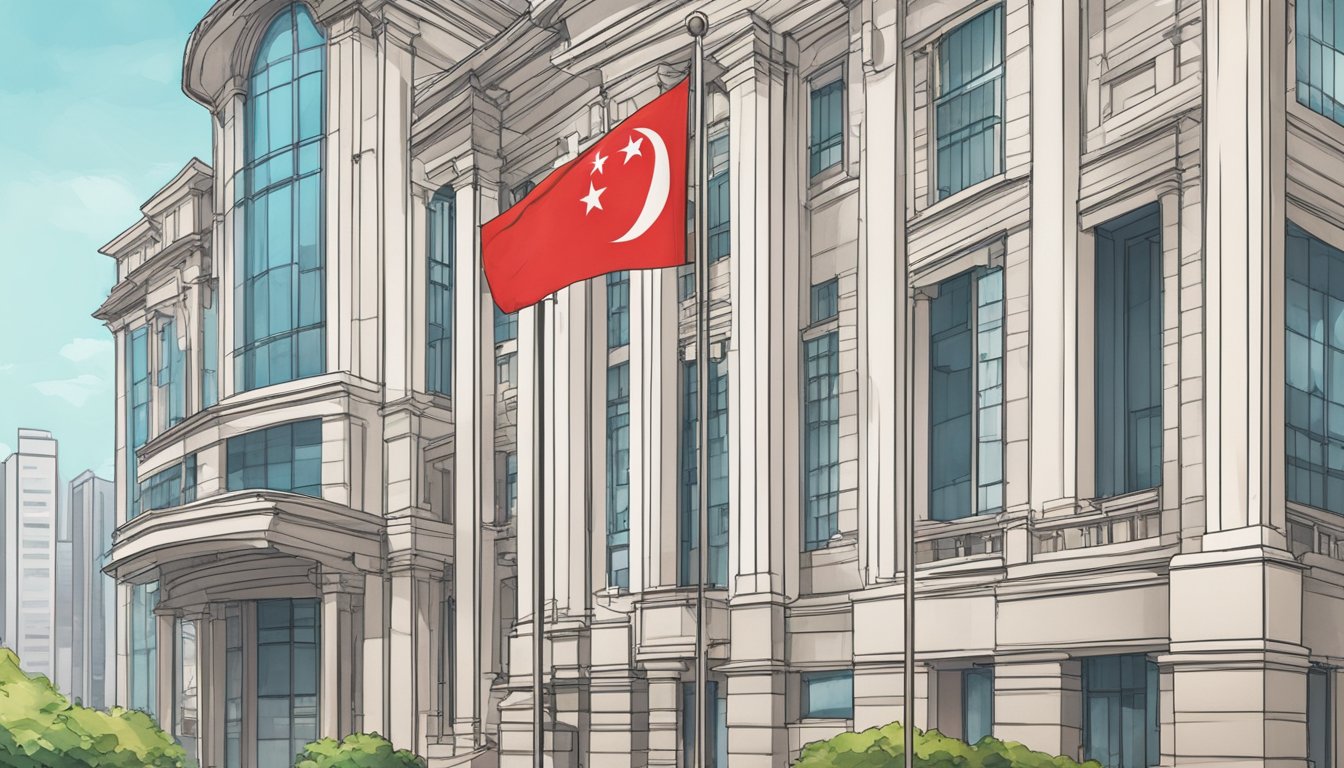 A Singapore flag flies high on a pole, positioned to the right of a building entrance, with no other flags in sight. The flag is clean and undamaged, with vibrant colors and no signs of wear. The building appears to be a government office