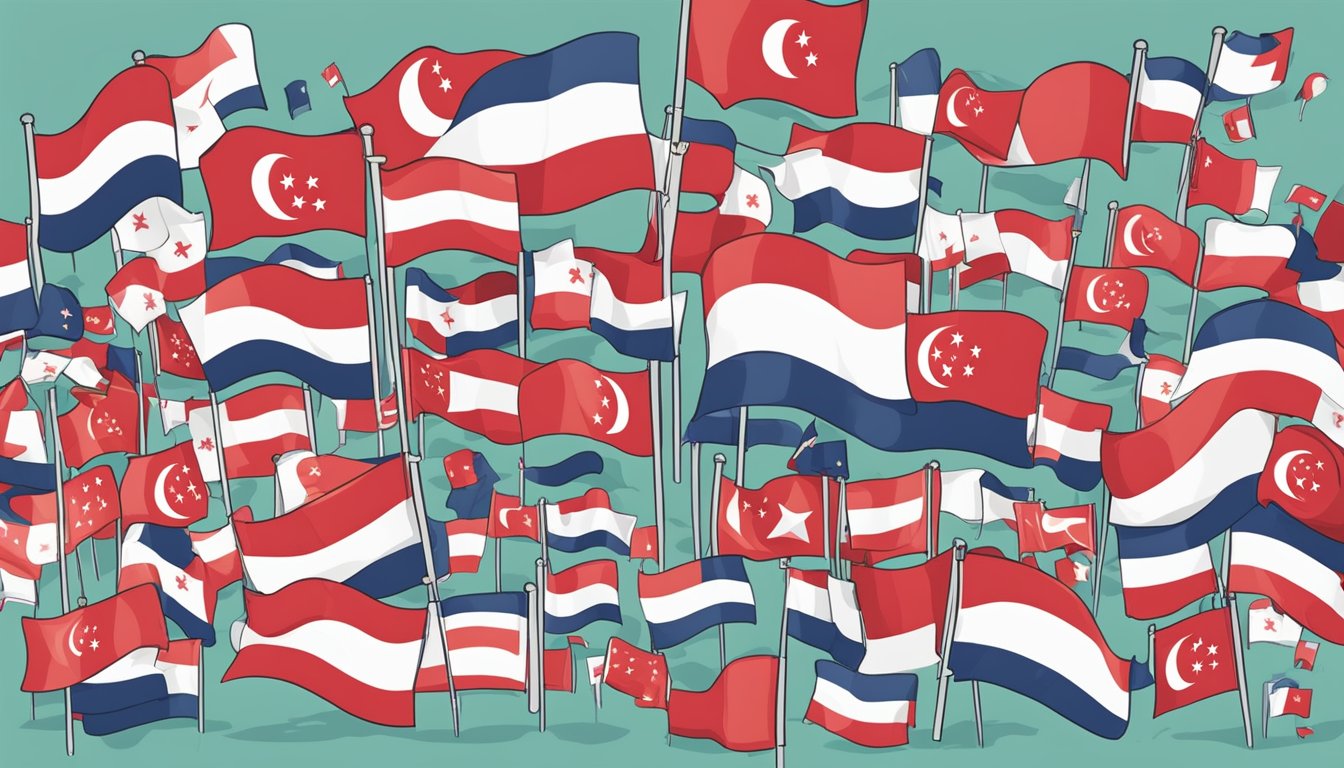 A display of Singapore flags with a sign reading "Frequently Asked Questions: Where to buy Singapore flag"