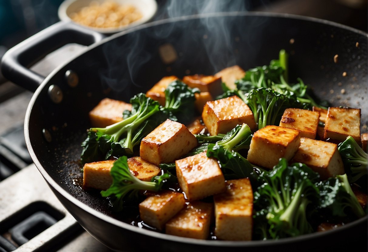 A sizzling wok with Chinese broccoli, tofu, and garlic being stir-fried in a fragrant sauce, steam rising and the colors vibrant