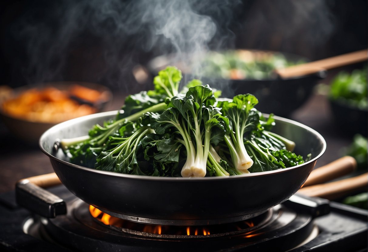 Fresh Chinese broccoli steaming in a wok, coated in savory garlic sauce