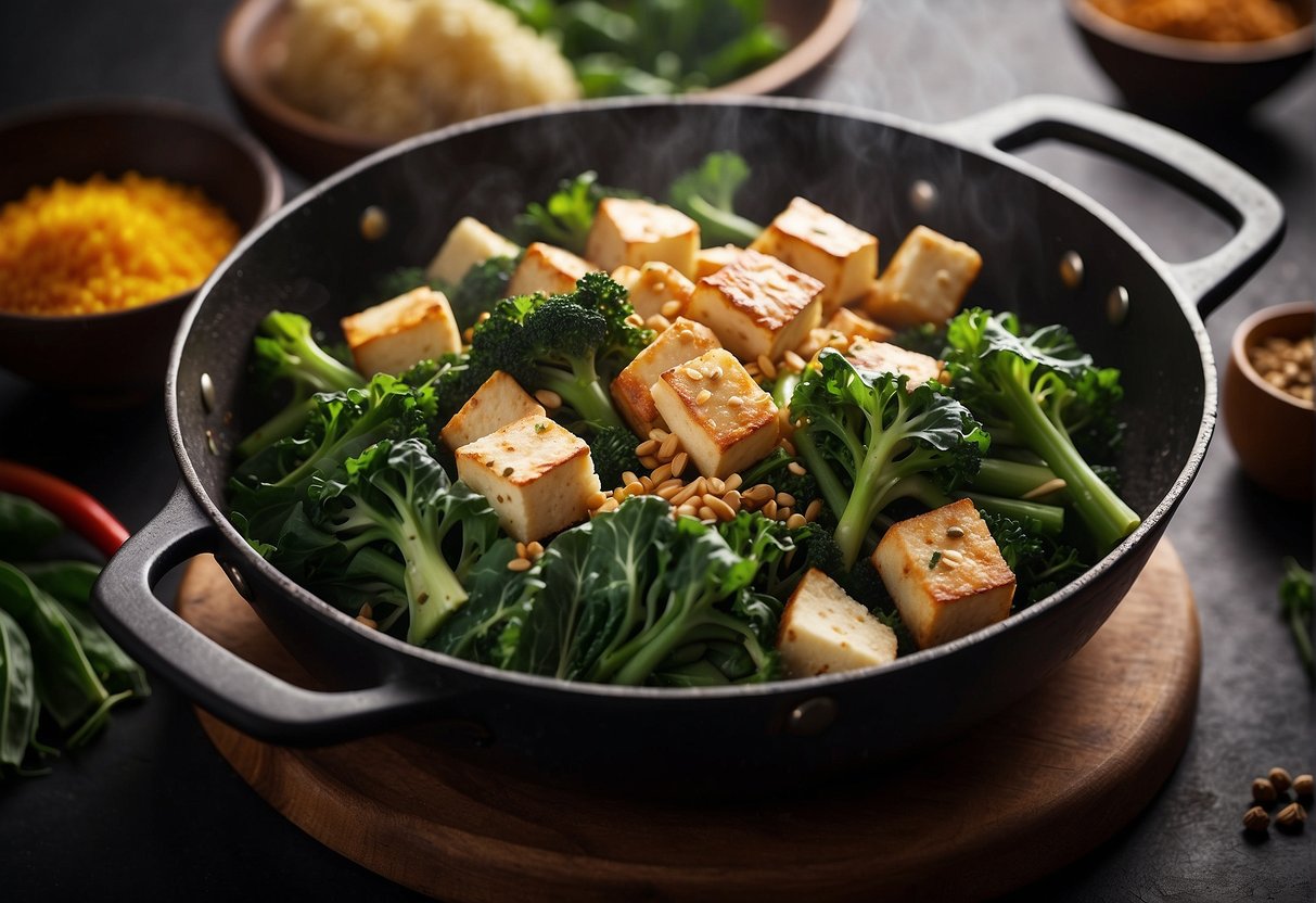 Chinese broccoli and tofu sizzle in a hot wok, surrounded by colorful vegetables and aromatic spices