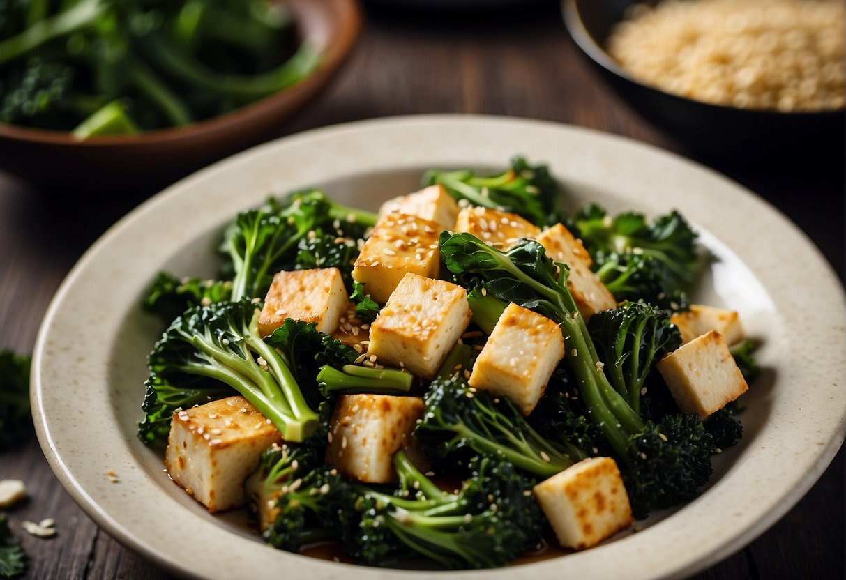 Chinese broccoli and tofu sizzle in a hot wok with aromatic seasonings and savory sauce, creating a mouthwatering stir fry