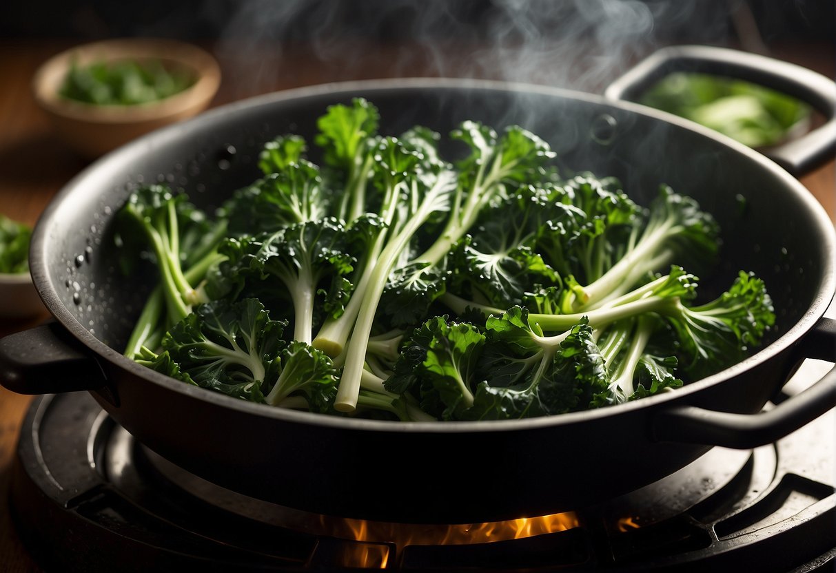 Chinese broccoli sits in a steaming wok, coated in a savory garlic sauce. The vibrant green leaves and tender stems glisten with moisture, while the aroma of the dish fills the air
