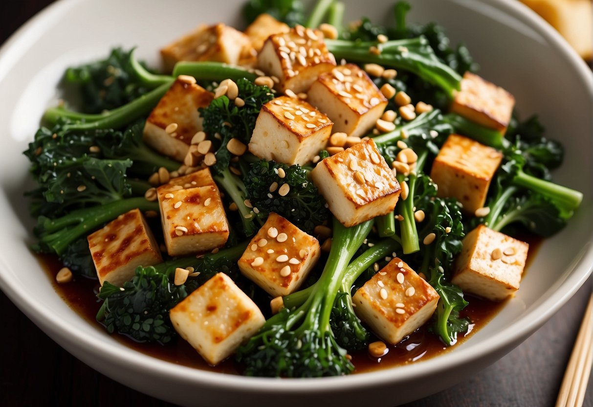 A sizzling wok filled with vibrant green Chinese broccoli and golden cubes of tofu, garnished with sesame seeds and drizzled with a savory soy-based sauce