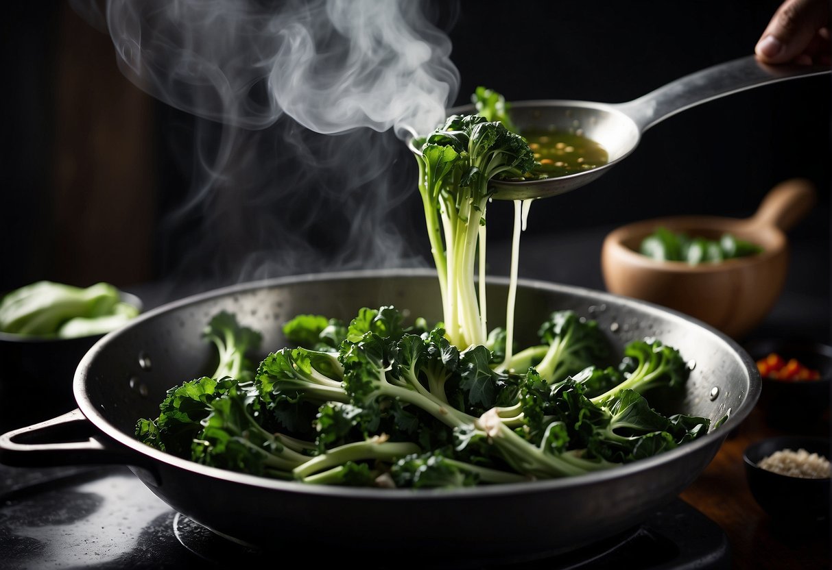 Chinese broccoli sizzling in a wok with aromatic garlic sauce being poured over it. Steam rising, vibrant green color, and enticing aroma