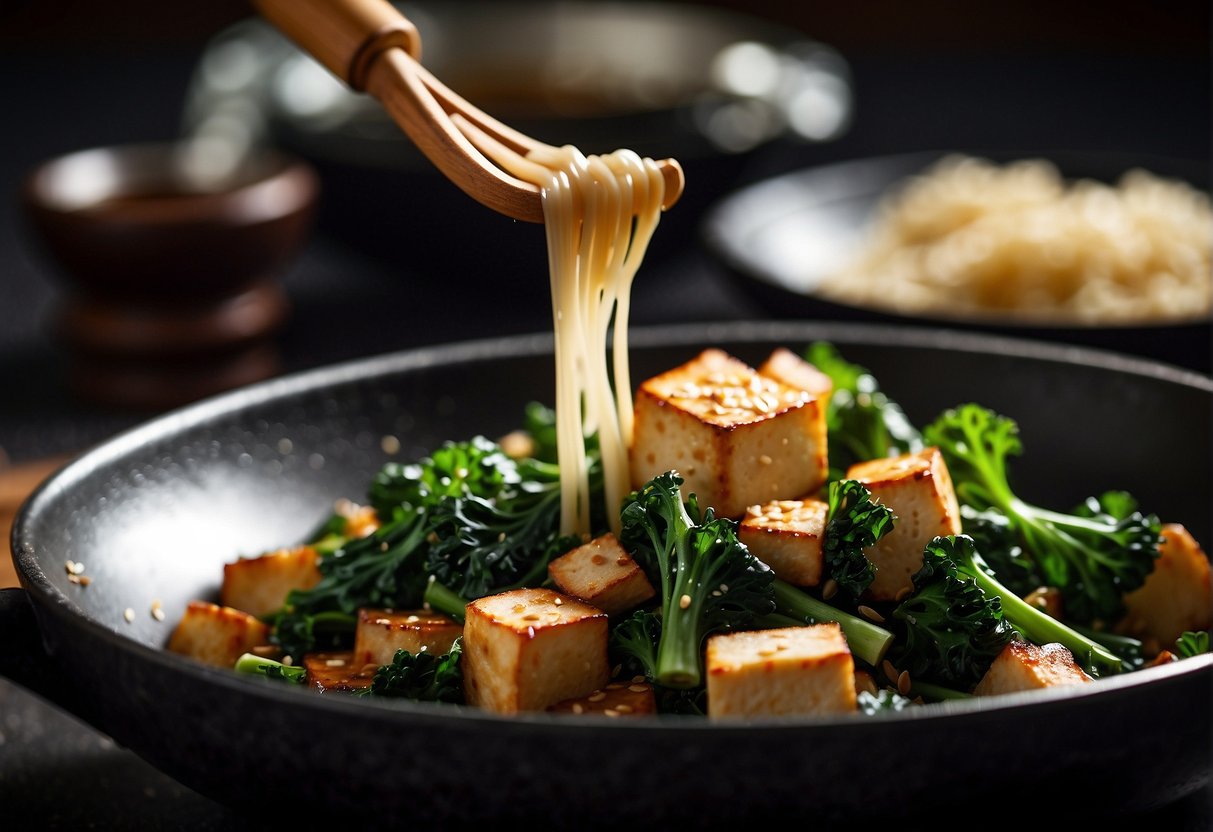 Chinese broccoli and tofu sizzle in a hot wok with garlic and ginger, creating a fragrant stir-fry. Soy sauce and sesame oil add depth to the dish