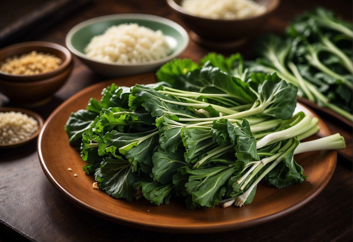Fresh Chinese broccoli arranged on a plate, drizzled with aromatic garlic sauce, surrounded by traditional Chinese cooking utensils