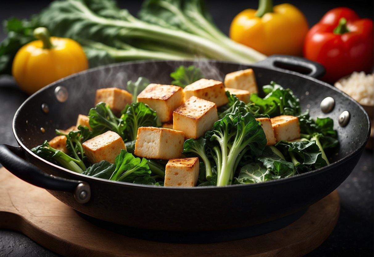 Chinese broccoli and tofu sizzling in a wok, surrounded by colorful vegetables and aromatic spices