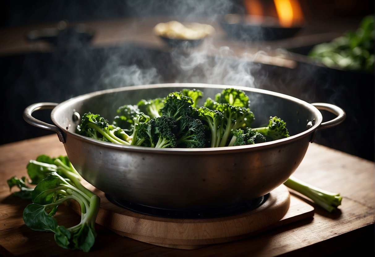 Chinese broccoli sits in a sizzling wok, coated in aromatic garlic sauce. Steam rises as the vibrant green vegetable glistens under the light