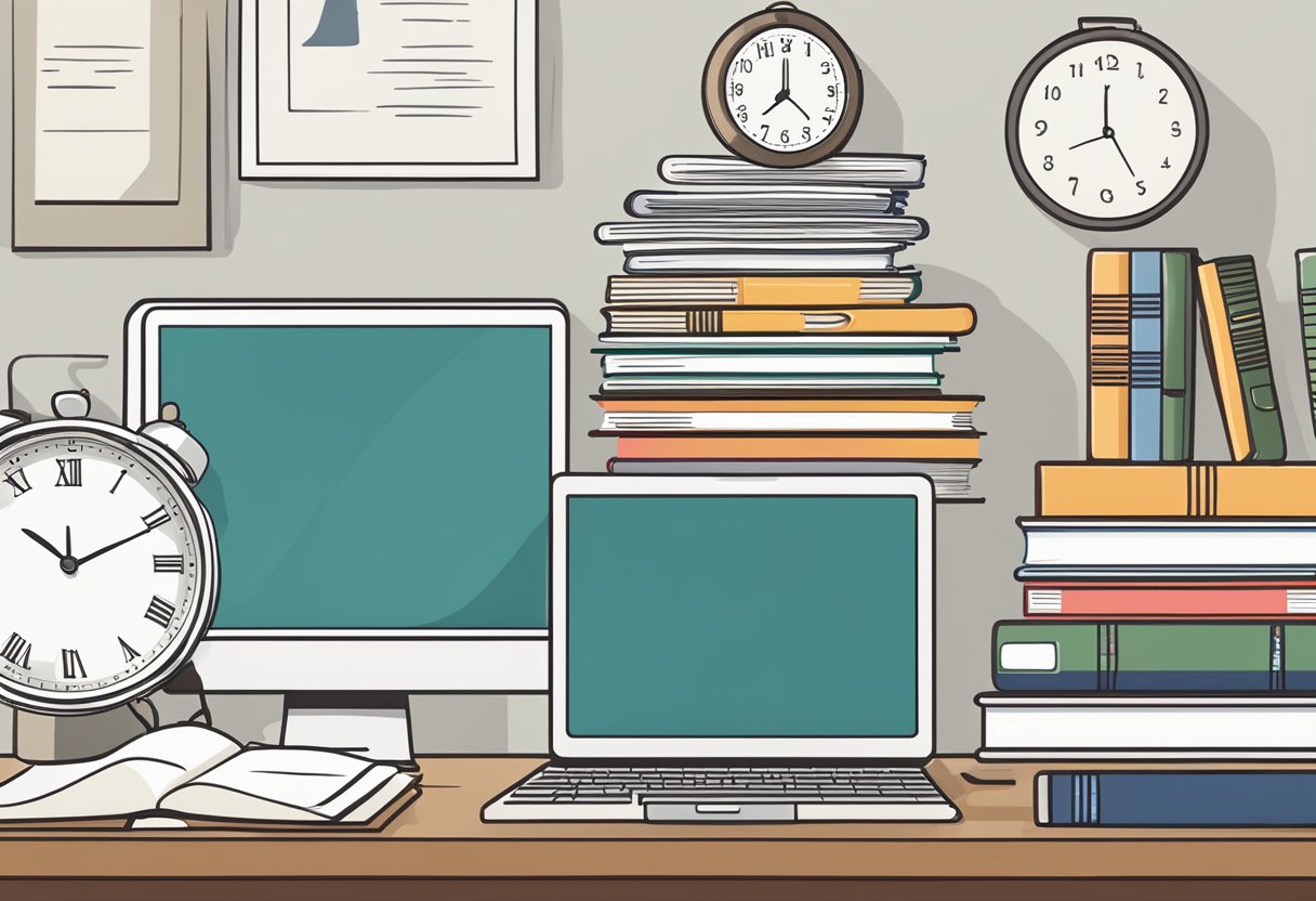 A clock on the wall shows the passing of time as a stack of textbooks and study materials sit next to a computer displaying an online CNA certification program