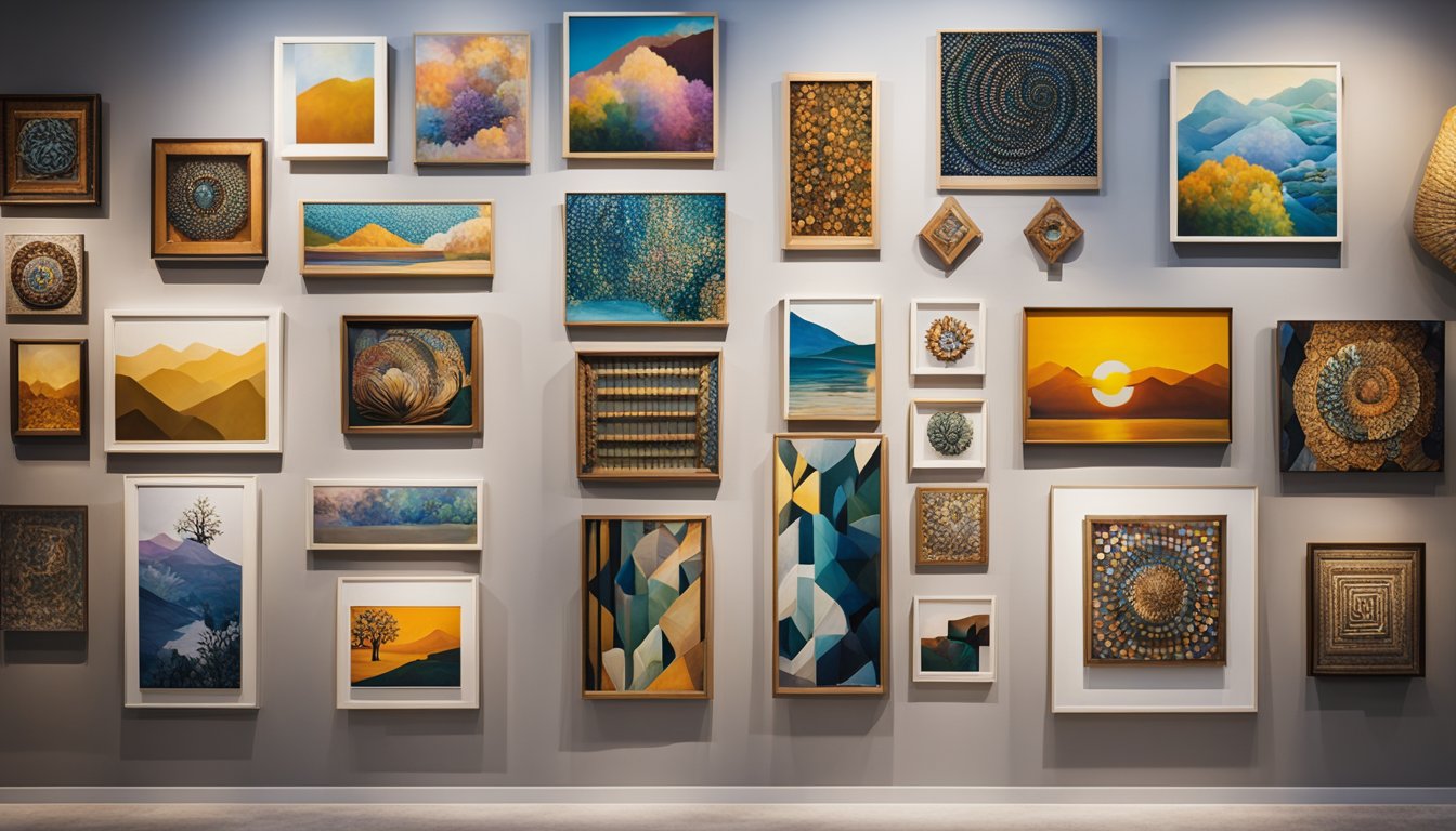 A colorful array of handmade art pieces displayed on a virtual storefront, with a variety of paintings, prints, and sculptures. The artist's signature is prominently featured on each piece