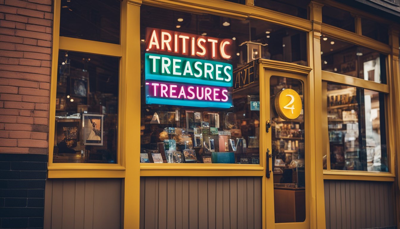 A colorful storefront sign reads "Artistic Treasures" with a palette and brush logo. Customers browse unique artwork displayed in the window