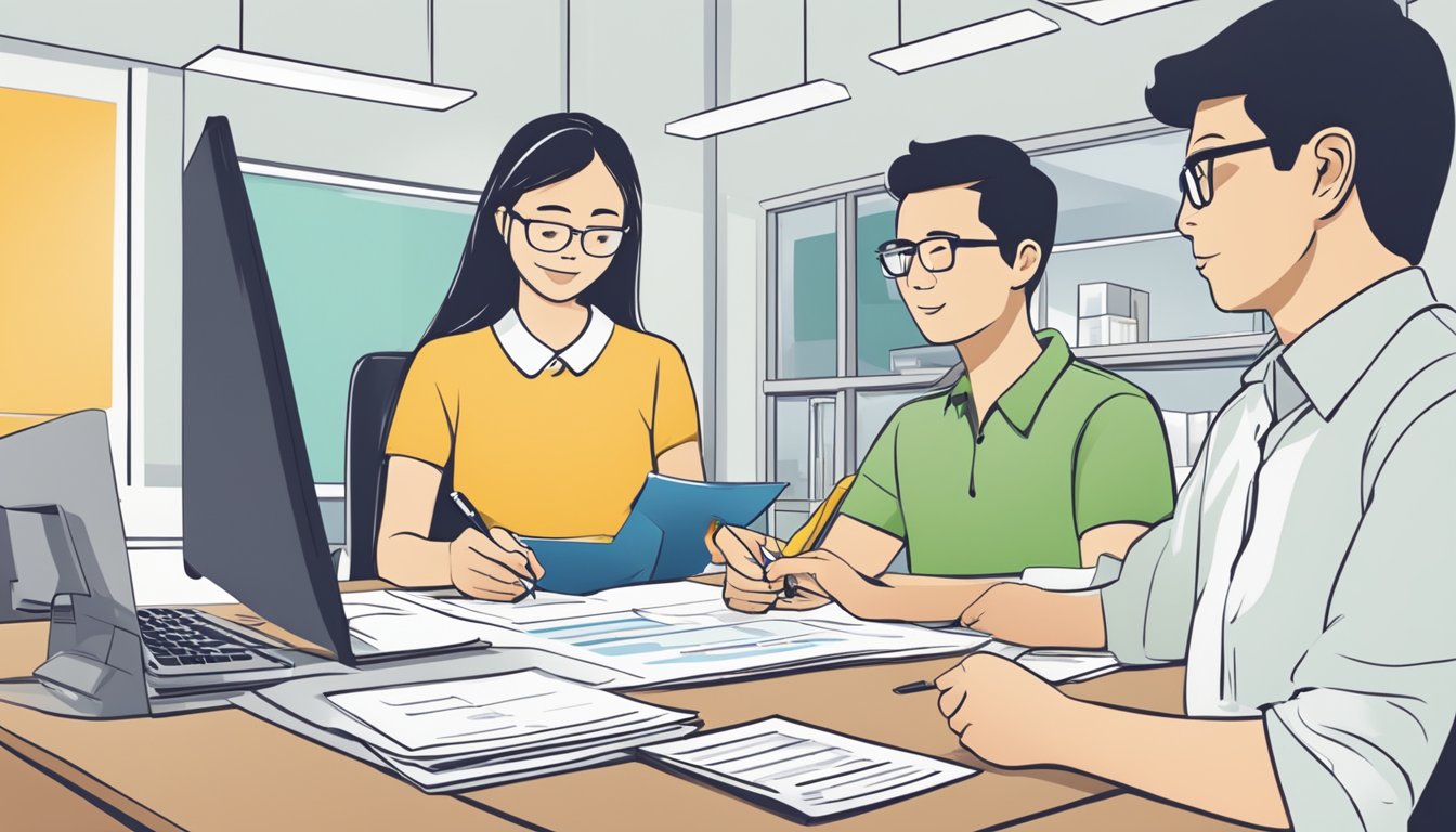 A person filling out a loan application form at a money lender's office in Jurong East, Singapore. The lender's eligibility and requirements are displayed prominently