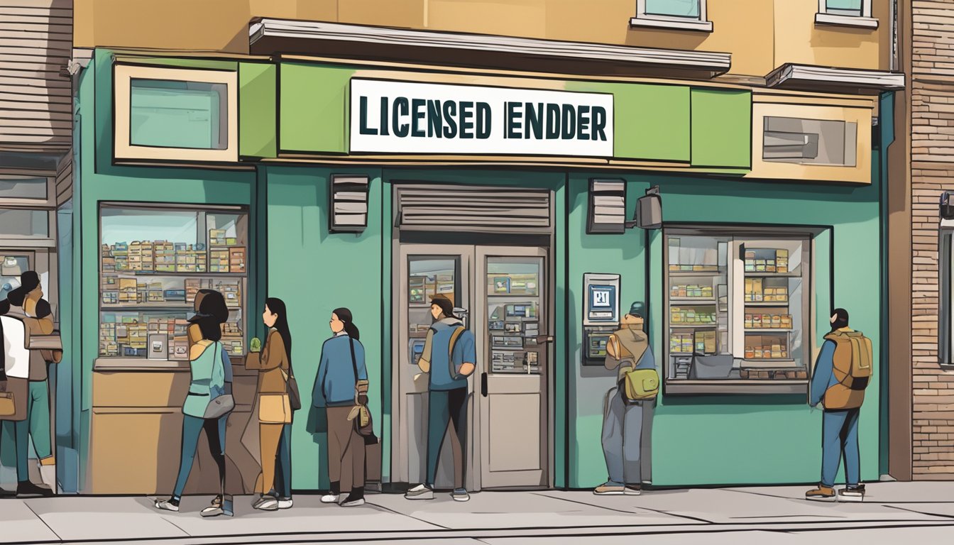 A storefront with a sign reading "Licensed Money Lender" in bold letters. A queue of people waiting to enter. Security cameras and a prominent license displayed