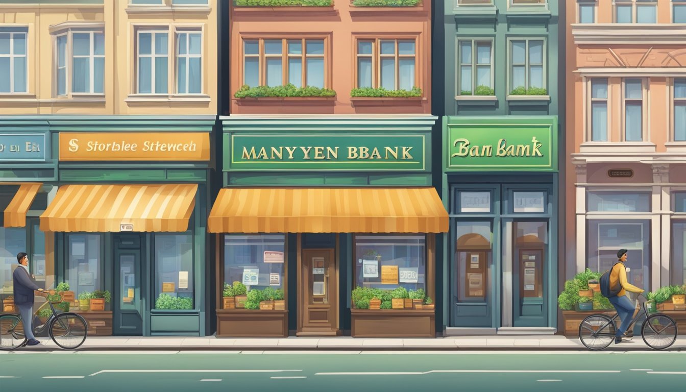 A bustling street with a row of traditional storefronts, a prominent sign for a licensed moneylender, and a modern bank branch in the background