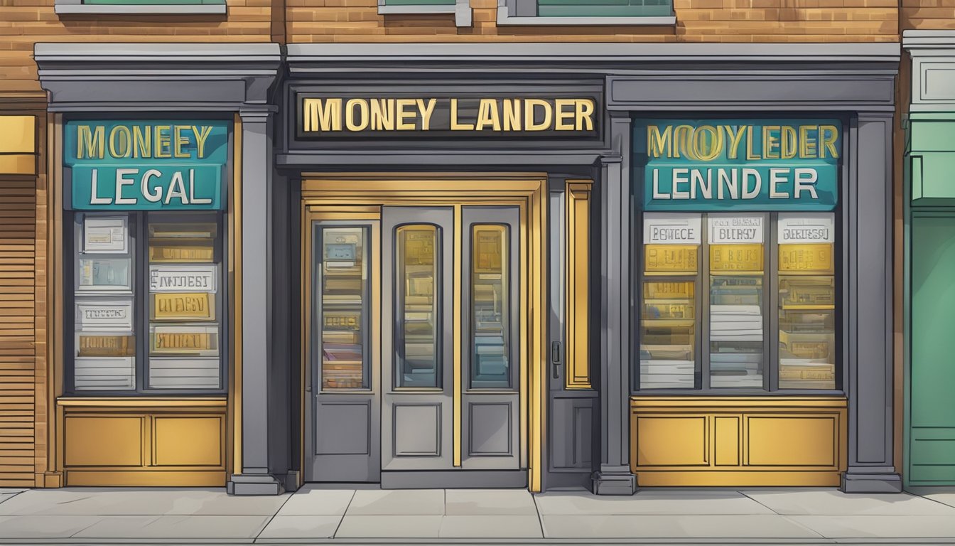 A storefront sign with "Licensed Moneylender" in bold letters. A clear list of legal requirements posted on the door