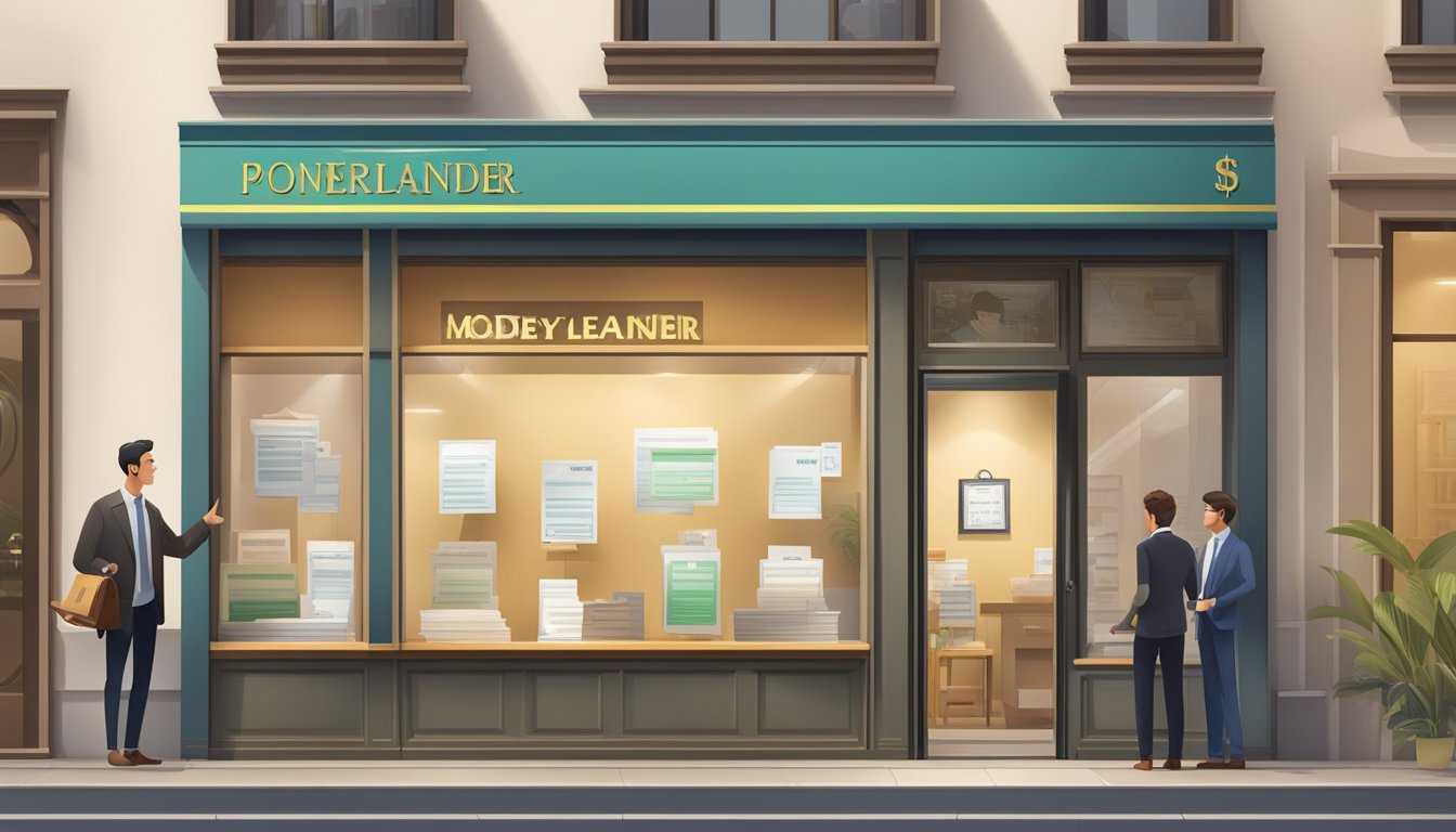 A licensed moneylender's storefront with clear signage and official documents displayed, a customer receiving a transparent explanation of loan terms, and a visible license number