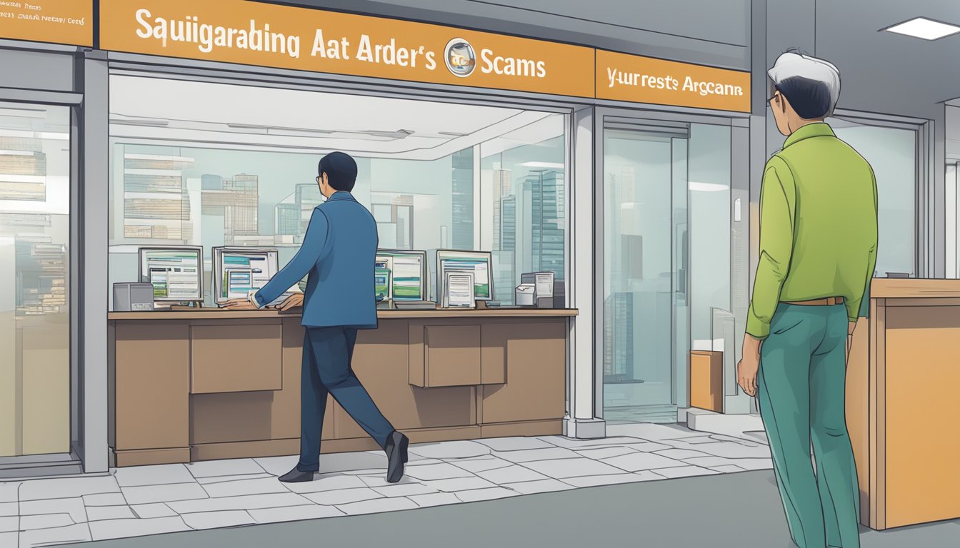 A person standing at a money lender's office in Jurong East, Singapore, with prominent signage displaying "Safeguarding Against Loan Scams."