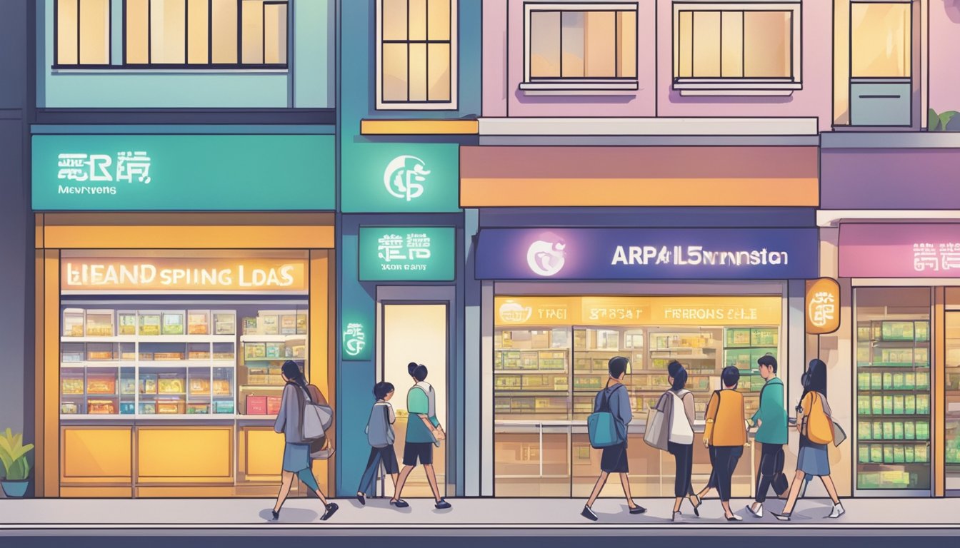 People walking past brightly lit moneylending storefronts in Jurong East, Singapore. Signs advertise personal loans and financial services