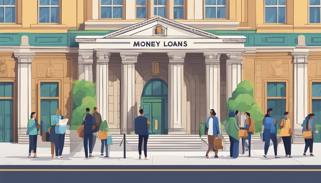 City hall facade with a line of people outside. A sign reads "Money Lender - Personal Loans." A person inside discusses options with a staff member