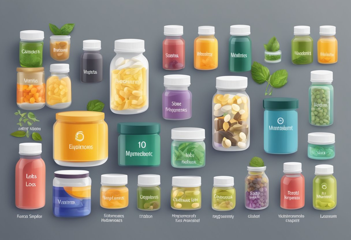 A table with various labeled containers of weight loss supplements and ingredients, such as vitamins, minerals, and herbs