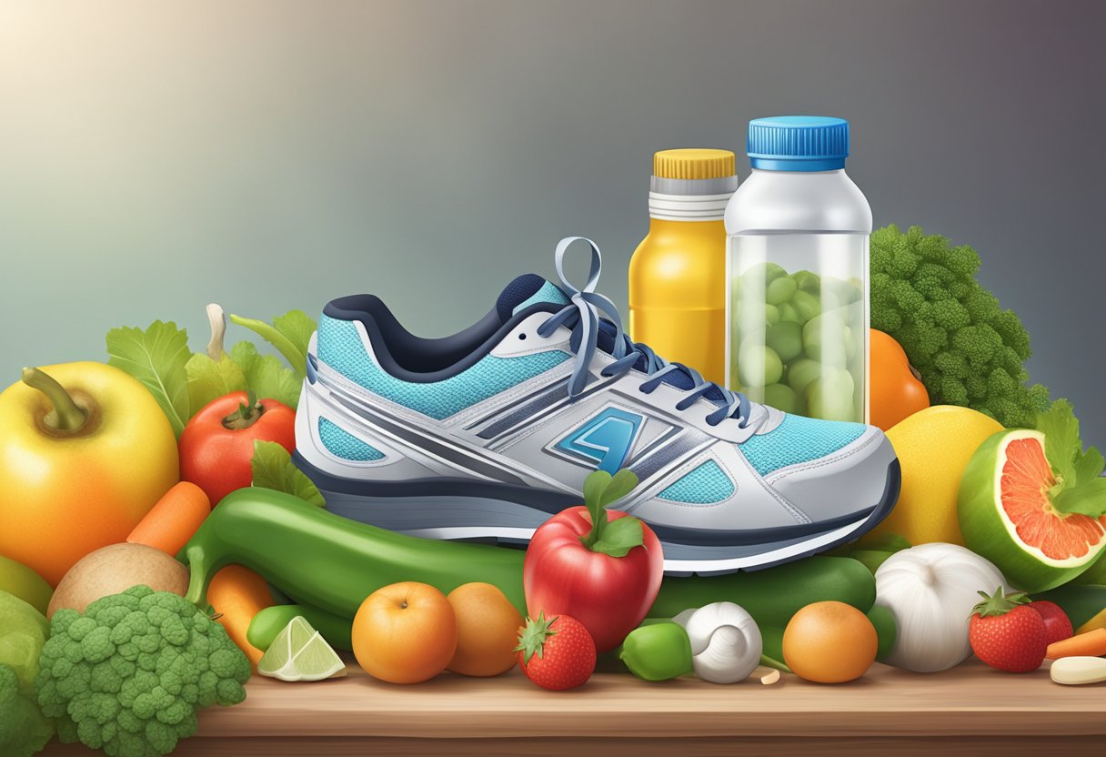 A bottle of weight loss supplements surrounded by fresh fruits and vegetables, with a measuring tape and a pair of running shoes nearby