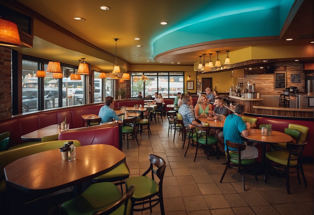 Families enjoy a lively atmosphere at a Missouri restaurant with colorful decor, high chairs, and a menu featuring kid-friendly options