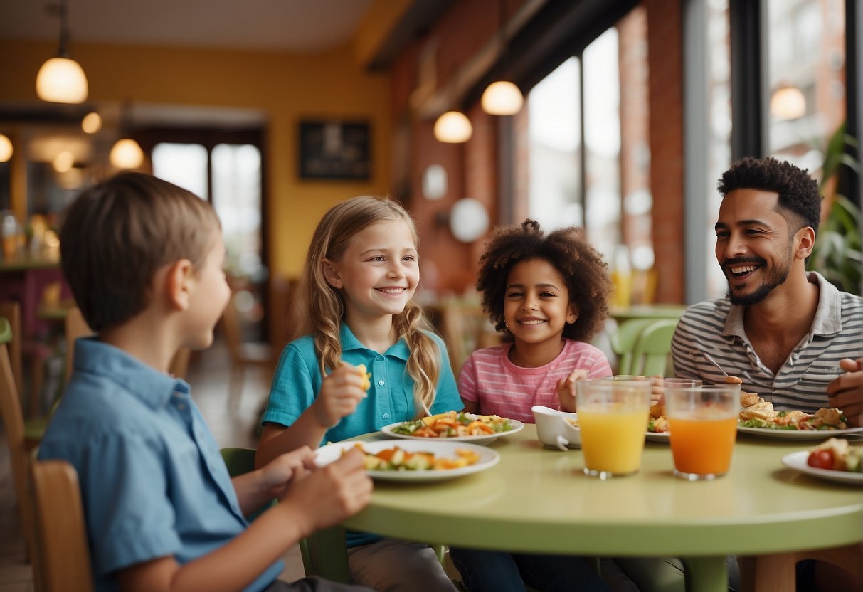A cheerful restaurant scene with colorful, playful decor and a diverse menu of child-friendly dishes. Happy children and relaxed parents enjoy their meals together