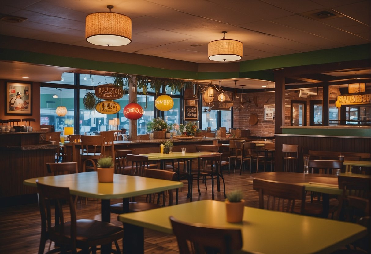A bustling restaurant with colorful decor and a play area for kids, families enjoying budget-friendly meals and cheerful atmosphere in Missouri