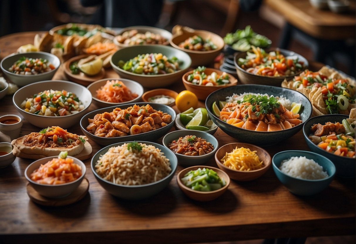 A colorful array of international dishes fills the table, from sushi to tacos, with vibrant decor and playful menus, creating a fun and inviting atmosphere for adventurous kids