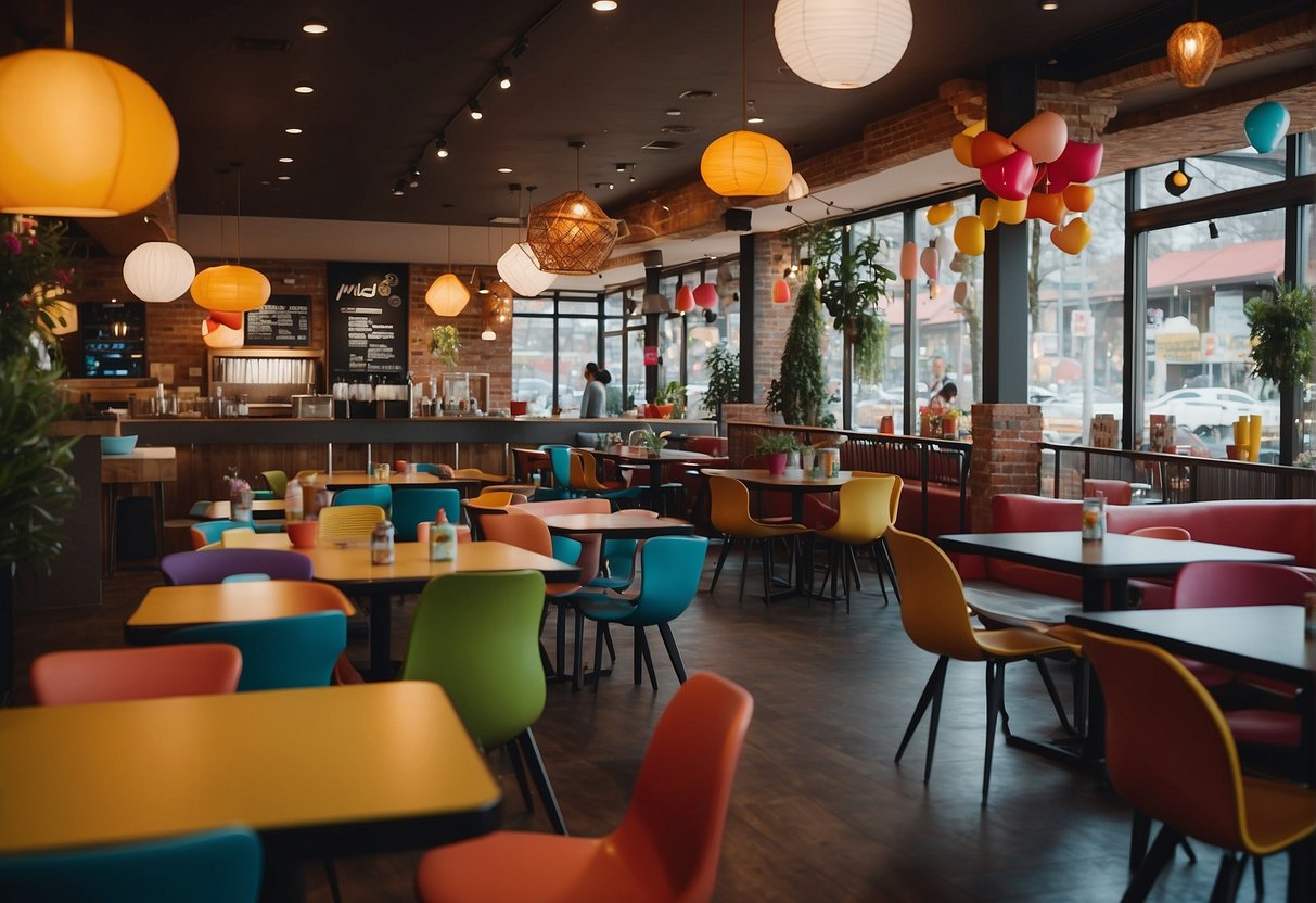A bustling restaurant with colorful decor, a play area for kids, and a menu featuring a variety of kid-friendly options. Families enjoy their meals while children play and laugh in the background