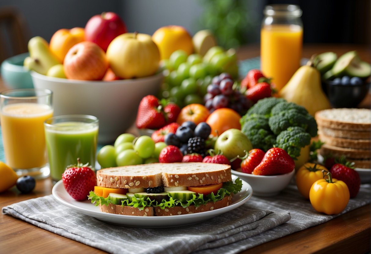 A colorful array of fresh fruits and vegetables, whole grain sandwiches, and kid-sized portions of lean protein and dairy, displayed on a fun and inviting table setting