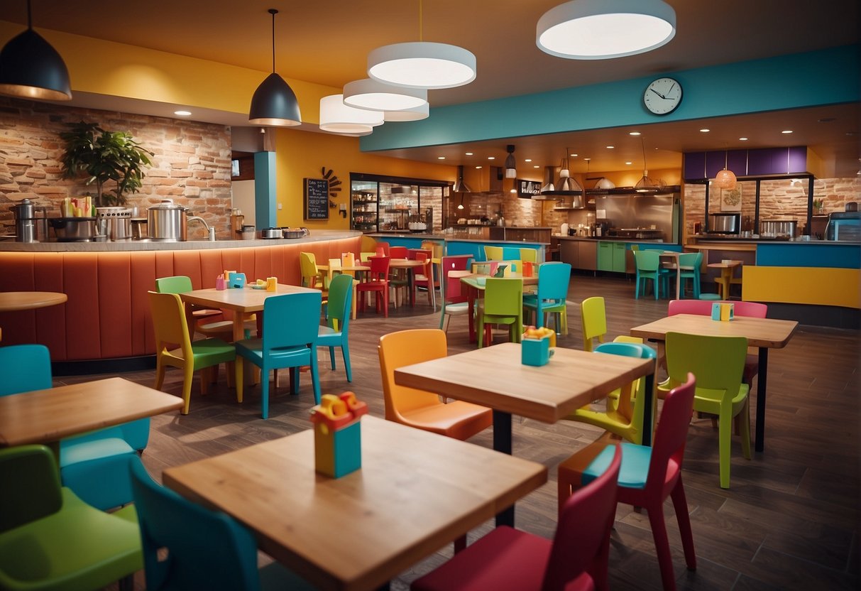 A bustling restaurant with colorful decor and a play area for kids. Families enjoy meals while children engage in activities, creating a lively and welcoming atmosphere