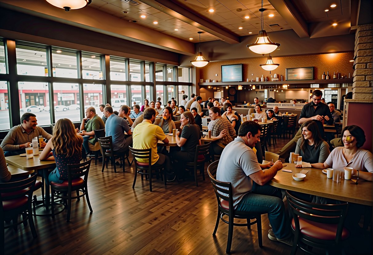 A bustling Missouri restaurant with diverse cuisines and prices, families enjoying meals in a lively atmosphere