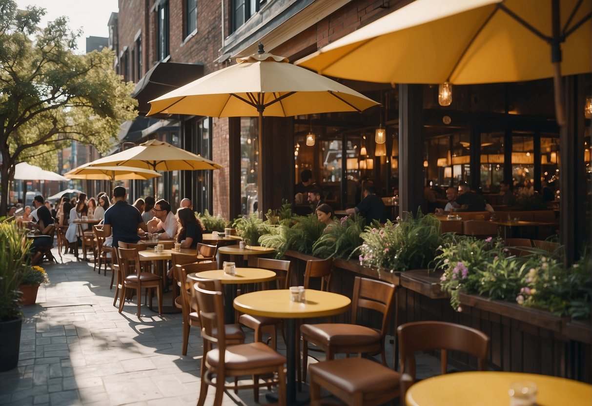 A bustling restaurant scene with a mix of casual and upscale dining options. Colorful signage and outdoor seating add to the lively atmosphere