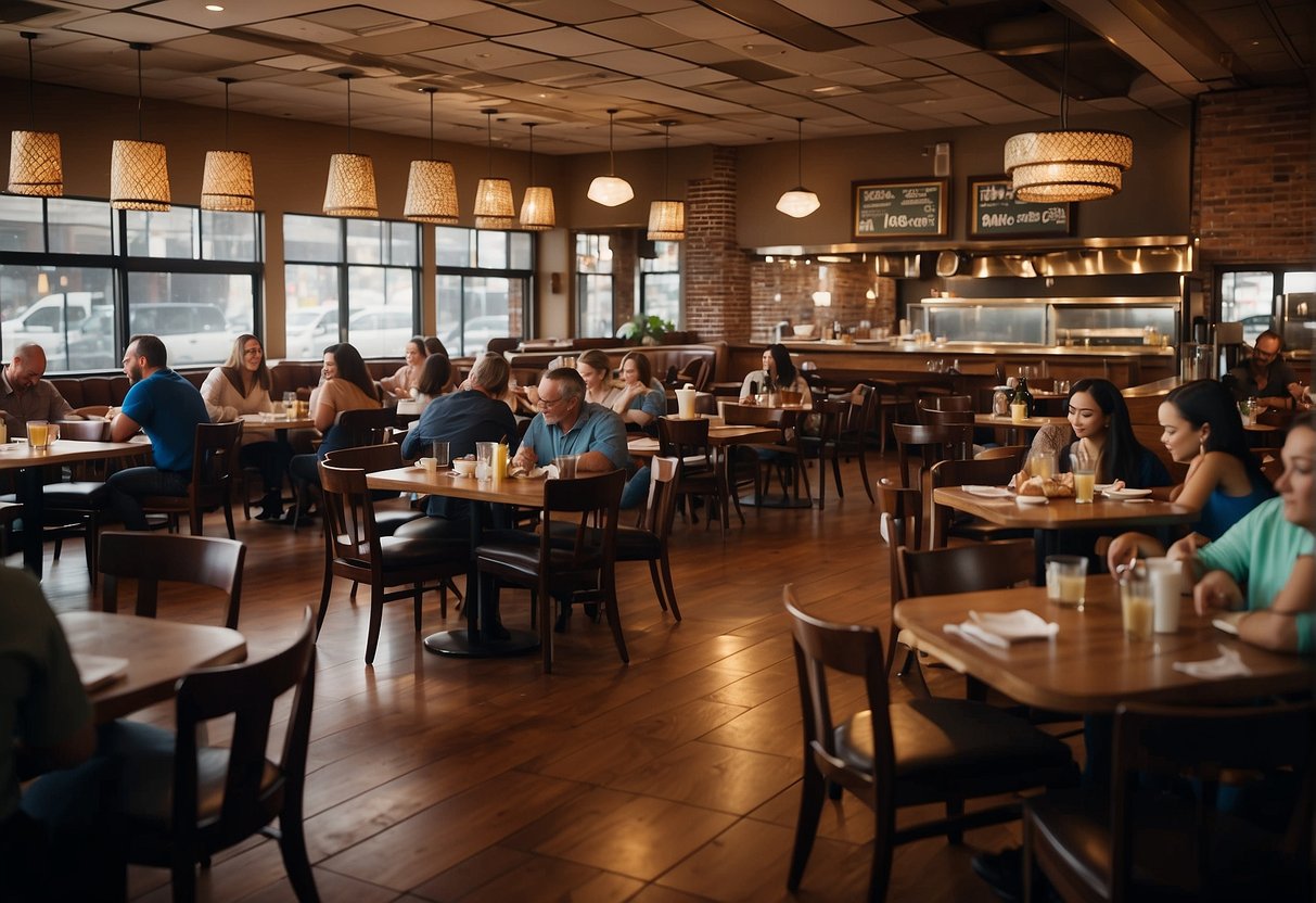 A bustling Missouri restaurant scene with diverse cuisines and prices, showcasing a variety of dining options for families
